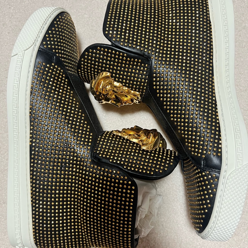 Versace Black and Gold Studded Medusa Head Sneakers EU39 US6